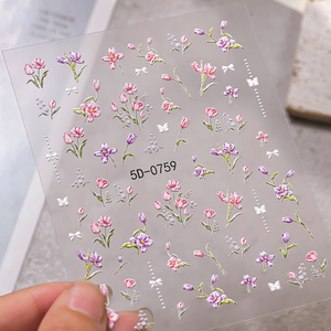 1 autocollant 5D en relief pour ongles, motif fleur rose et violette, tulipe, rose, pétale, décalcomanie adhésive pour décoration d'ongles - Product Image 2
