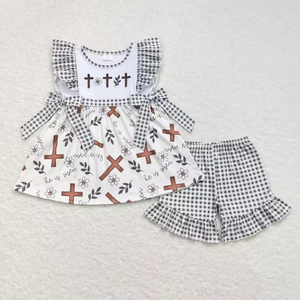 Ropa Infantil al por Mayor para Hermanos, Conjuntos de Pantalones Cortos para Niños y Niñas con Bordado de Cruz, Ropa de Pascua para Primavera - Product Image 2