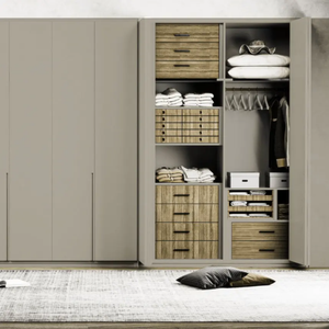 Armoire en bois blanc crème à lumière chaude avec coiffeuse intégrée et vitrine latérale, mobilier de chambre - Product Image 3