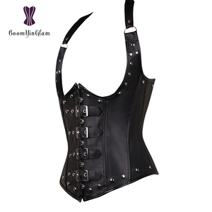 Delle donne Cupless Bustier Top Showgirl Clubwear Steampunk Abbigliamento XXXL Corsetto di Cuoio Sexy Con Halter Neck - Product Image 2