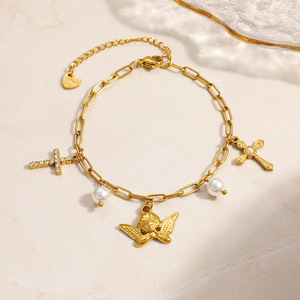 Pulsera con Cruz, Chapada en Oro de 18k, Aleación de Zinc, con Alas de Ángel y Perla, Engaste de Garra, para Regalo - Product Image 2