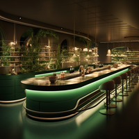 Comptoir de bar incurvé moderne avec éclairage LED et étagères arrière pour café et bar à cocktails - Conception personnalisée