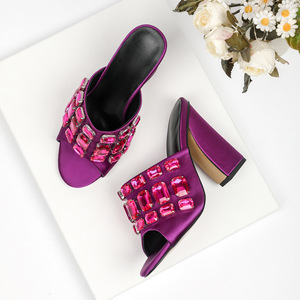 High Quality Silk Material Upper Crystal Square Heel Breathable Fashionable Comfortable Wedding Heeled Sandals <b>Shoes</b> - Product Image 2