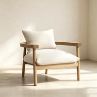 Fauteuil d'appoint moderne en bois massif, revêtu de tissu, style nordique Japandi, pour salon.