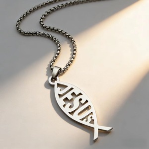 Collier pendentif unisexe tendance hip-hop en acier inoxydable avec chaîne en bambou, motif poisson ajouré, lettre anglaise et <span class=keywords><strong>nom</strong></span> <span class=keywords><strong>de</strong></span> Jésus - Product Image 2