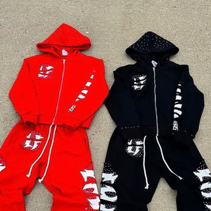 Custom Fashion Rhinestone Printing Zip Up Hoodie And Sweatpants Set <strong>Tracksuit</strong> Men Baggy Sweatpants Jogging Suit - Product Image 6