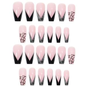 Uñas Postizas Francesas con Diseño de Piel de Serpiente, Color Negro y Rosa, Lujosas, Largas, Tipo Ballet, Uñas Postizas con Acabado de Manicura - Product Image 5