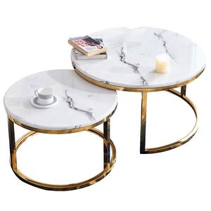 Set di 2 Tavolini da Caffè Moderni Rotondi con <span class=keywords><strong>Piano</strong></span> <span class=keywords><strong>in</strong></span> <span class=keywords><strong>Marmo</strong></span> Bianco e Base Dorata - Product Image 1