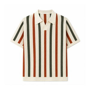 Polo en tricot pour <span class=keywords><strong>homme</strong></span> 100% viscose, tricot ouvert, rayures verticales, manches courtes, style rétro, col Johnny, logo personnalisé, OEM, vente en gros - Product Image 1