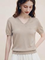 Pull en tricot à col en V pour femme, manches courtes, couleur unie, léger, pull d'été, vente en gros, fabrication sur mesure OEM ODM