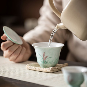Hand Painted Reed Gaiwan Porcelain With Lid Sprinkled Green Kung Fu <b>Tea</b> <b>Set</b> - Product Image 3