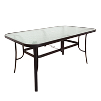 Table de jardin rectangulaire en métal avec plateau en verre trempé et trou pour parasol, prix usine, livraison par colis (KD)
