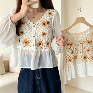 Blusa de punto <span class=keywords><strong>corta</strong></span> con bordado étnico y crochet, de gasa calada, <span class=keywords><strong>manga</strong></span> larga, protección solar, para mujer, a la moda - Product Image 2