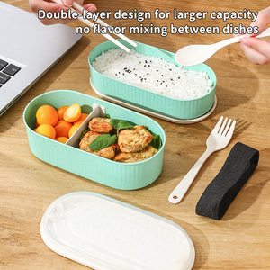 Nhật Bản phong cách 2 lớp rơm Chất liệu Bento <span class=keywords><strong>Box</strong></span> với dao kéo BPA miễn phí sinh thái thân thiện phân hủy sinh học máy rửa chén an toàn thực phẩm container - Product Image 4