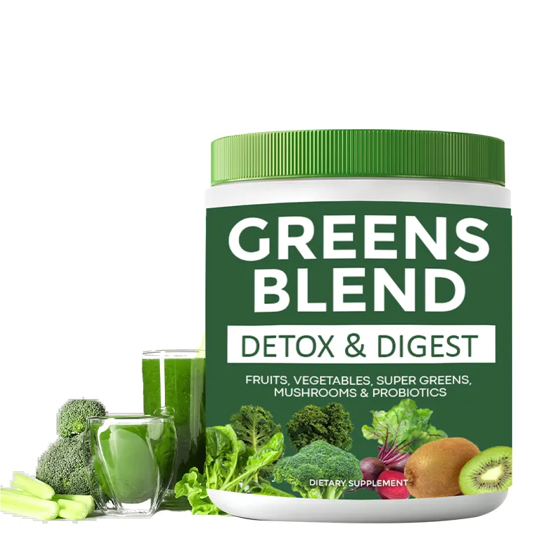 ฉลากส่วนตัว Super Greens Blend ดีท็อกซ์ไส้สมูทตี้ผสมทําความสะอาดเอนไซม์การย่อยอาหารโปรไบโอติกผงสีเขียวสะอาด