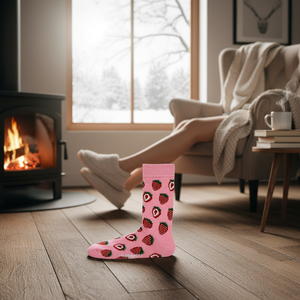 Unisex Pink Strawberry Pattern <b>Socks</b> Breathable and Lightweight Long Nylon Character Disposable for Daily Use or <b>Winter</b> Season - Product Image 2