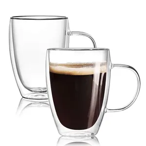 Tazas transparentes de vidrio para té, tazas de café de doble pared con mango, de vidrio aislado, Espresso