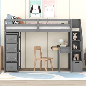 Twin Size Wooden Loft Bed with Storage Drawers <b>Desk</b> and Stairs Gray <b>Shelves</b> for Kids - Product Image 2