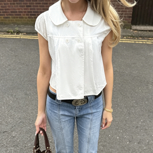 Peter Pan Collar A Line Short Sleeve Short Blouse Loose Fit Versatile Solid Color T Shirt Top for Women - Product Image 5