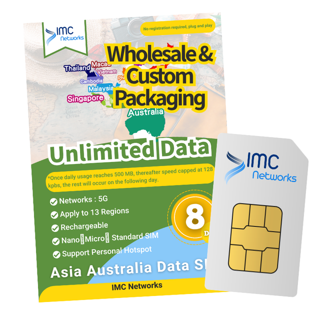 Asia Australia 8-Day Roaming Unlimited Data 4G 5G Travel SIM Card Dual SIM Slots Custom Package Physical/eSIM