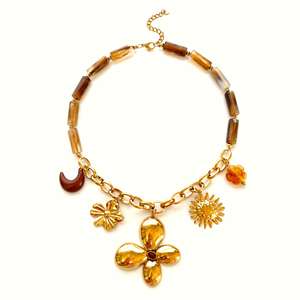 Collar Retro Exagerado de Acero Inoxidable para Mujer, Collar de Cuentas de Resina con Dijes de Flores, Accesorios - Product Image 5