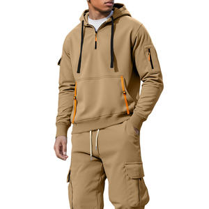 Nuevo Conjunto de Sudadera con Capucha de Forro Polar para Hombre, Pantalones Cargo con Bolsillos con Cremallera Color Caqui, Ropa Informal para Otoño e Invierno - Product Image 1