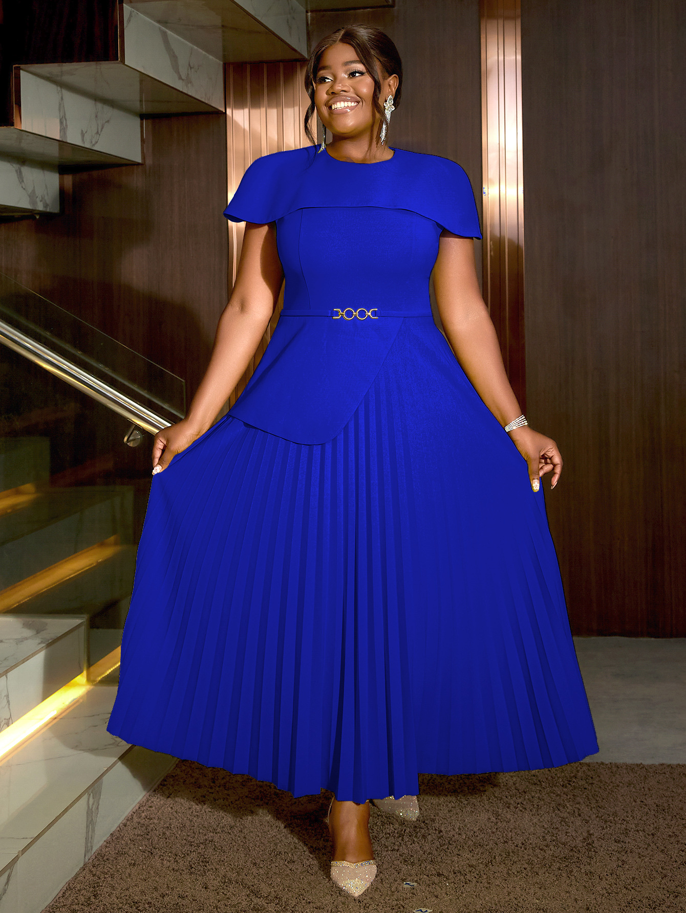Wholesale Women Clothes European Red Blue Green Cocktail tyle Plus Ize Dress Pleated Plus Ize Dress Natural Waistline Dress,2 Pieces