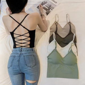 <span class=keywords><strong>Débardeur</strong></span> décontracté pour <span class=keywords><strong>femme</strong></span> été 2026, dos nu à lacets, avec soutien-gorge intégré et bretelles spaghetti croisées - Product Image 1