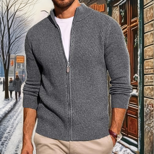 Nouveau style automne-hiver : Cardigan en maille zippé, couleur unie, col montant, coupe ajustée, décontracté, anti-boulochage, épais pour homme - Product Image 2