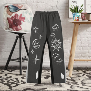 Men's High Quality Joggers 100% Cotton Casual Mid Waist Graphic Printing Sweatpants Contrast Color Patchwork Loose Straight Fit - Product Image 3