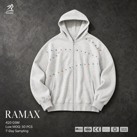 Sweat à capuche zippé en molleton épais RAMAX 420GSM, orné de strass colorés, streetwear pour hommes, vente en gros personnalisée OEM ODM