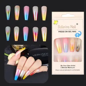 Lot de faux-ongles artificiels en forme de ballerine, apparence aurore, à presser, 24 pièces par boîte