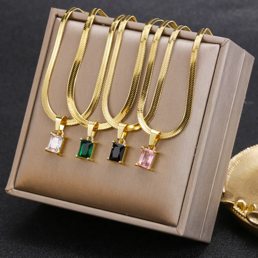 18k Gold Necklace Women Stainless Steel Snake Chain Square Diamond Green Zircon Stone Necklace Pendant