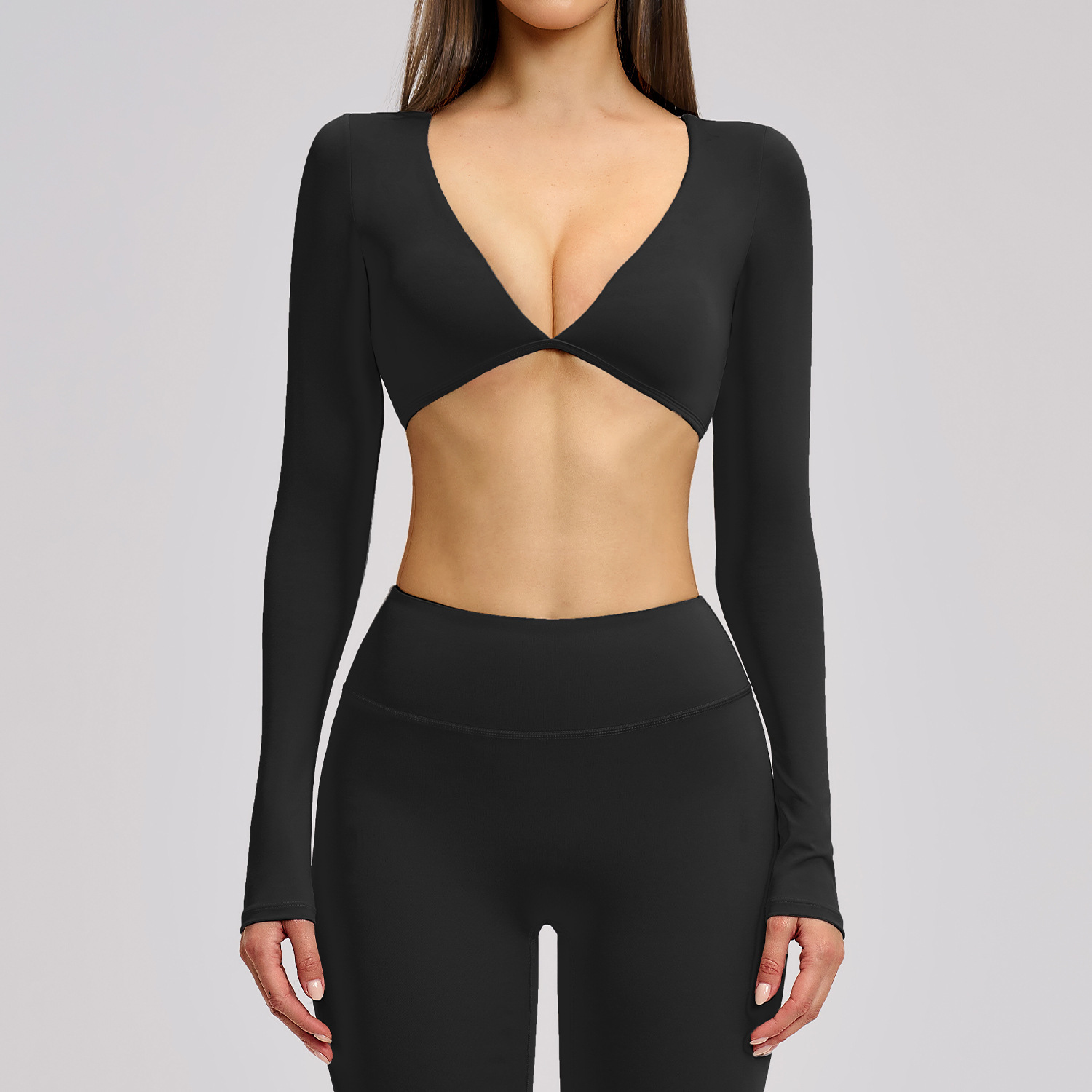 Women's Long Sleeve Yoga Top V-Neck Cropped Gym Shirt with Padded Bra Quick Dry Fitness Workout T-Shirt