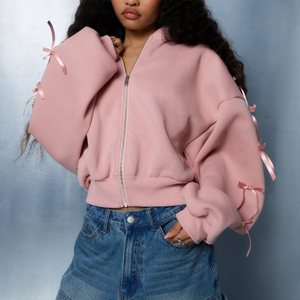 เสื้อฮู้ดแฟชั่นผ้าฝ้ายโอเวอร์ไซส์แบบซิปผูกโบว์ทรงโอเวอร์ไซส์สำหรับฤดูใบไม้ผลิฤดูใบไม้ร่วง - Product Image 6