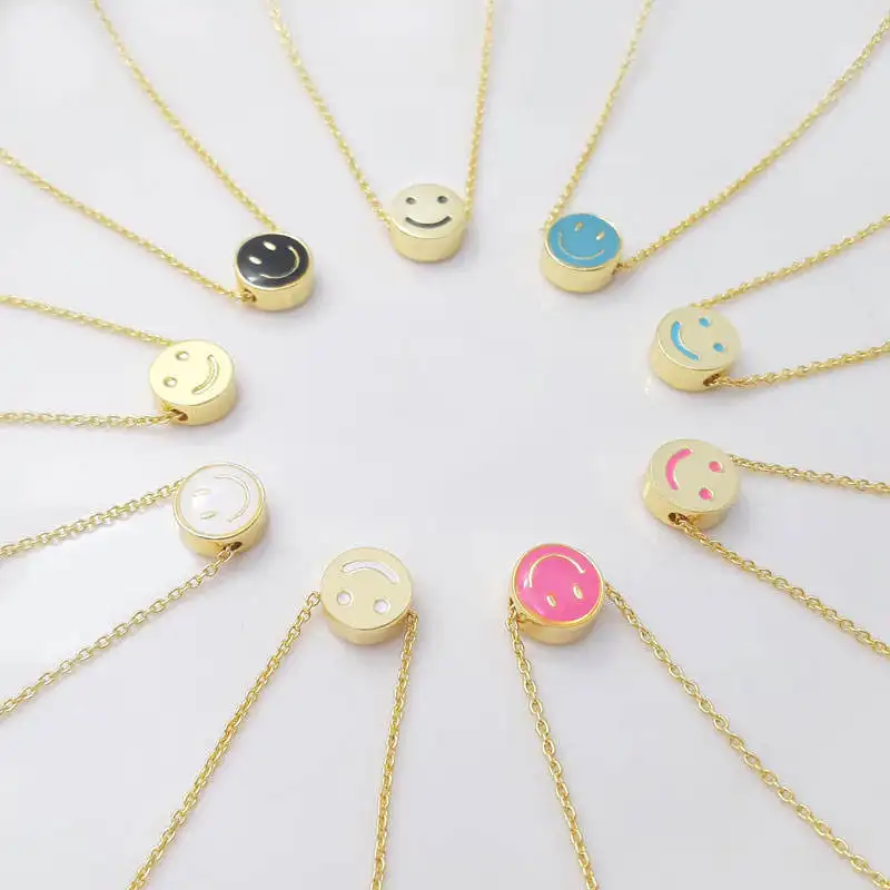 Customize 925 Sterling silver jewelry gold plated enamel color bead smiley necklaces smiley face necklace jewelry factory