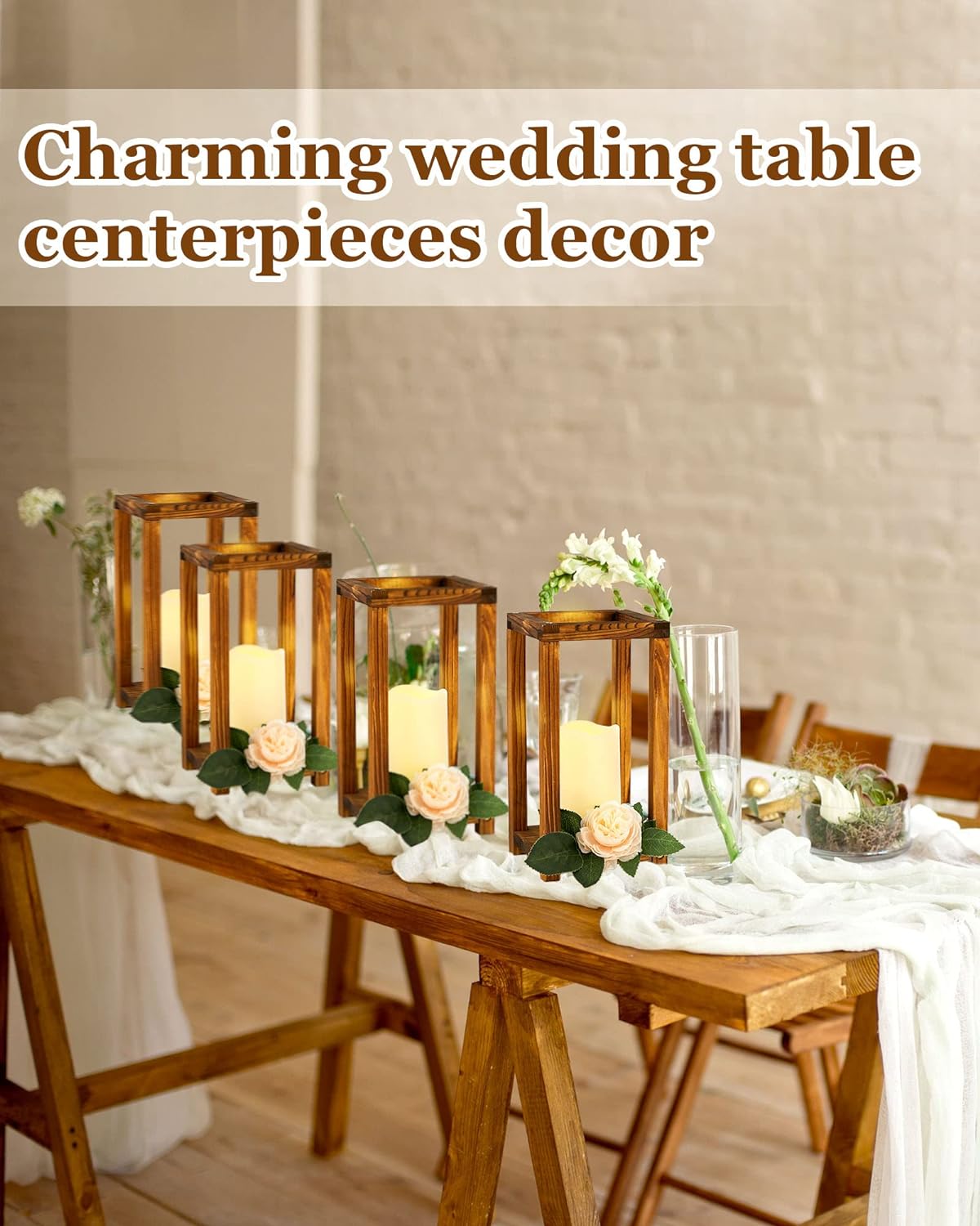 Set 24 Lanterne In Legno Per Matrimonio Con 12 Candele LED – Centrotavola Rustici Portacandele Per Decorazione Nozze - 2