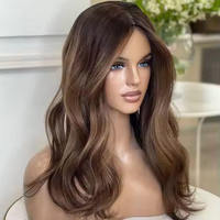 Topper capillaire 100% cheveux humains européens, mèches brunes balayage, à clipser, base en soie nouée à la main, pour femmes souffrant de perte de cheveux