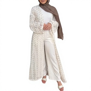 Crochet Lace Abaya Kimono <b>Cardigan</b> Long Sleeve Mesh Cover Up Modest Muslim Maxi Kaftan for Prayer Wedding - Product Image 4
