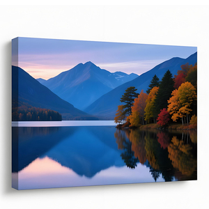 Impresión en lienzo de paisaje azul con montañas, lagos, árboles y un diseño decorativo sereno, adecuado para el hogar o la oficina - Product Image 1