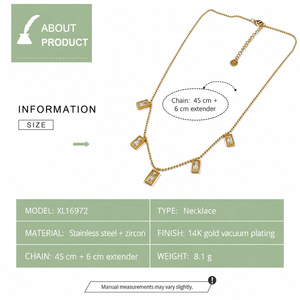 Collier à breloque en zircon en acier inoxydable plaqué or 14 carats par électrolyse sous vide, gouttes rectangulaires, chaîne de 45 cm, options ton or et argent - Product Image 3