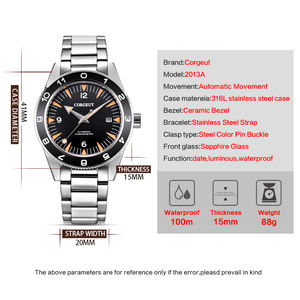 Corgeut – montre mécanique automatique de Sport pour hommes, 41mm, Style <span class=keywords><strong>James</strong></span> <span class=keywords><strong>Bond</strong></span> 007, acier inoxydable 316L, verre saphir Miyota 20mm - Product Image 4