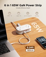 Multiprise de voyage portable avec charge rapide GaN PD 65W, cordon d'extension enroulable, 2 prises, 2 ports USB, 2 ports Type C pour les voyages