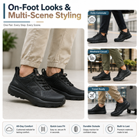Chaussures décontractées pour hommes, toutes noires, en maille respirante, tissu texturé, superposition géométrique, semelle épaisse, antidérapantes, pour la marche en plein air
