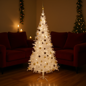 Sapin de Noël artificiel blanc pré-éclairé de 94,5 pouces avec lumières LED blanc chaud, décoration intérieure avec ensemble de boules - Product Image 2