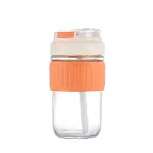 Cup Coffee كوب سفر زجاجي قابل لإعادة الاستخدام مع كم أزرق برتقالي وقشة محمولة
