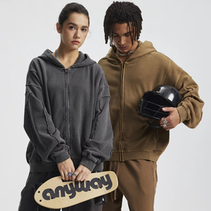 Sweat à capuche unisexe automne-hiver en coton 100% uni, style streetwear, multi-déchirures, avec empiècements, teint en pièce, fermeture éclair, broderie 3D - Product Image 2