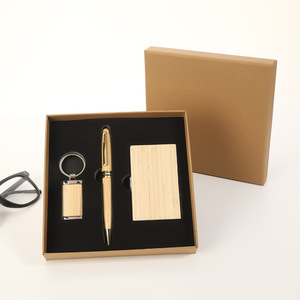 Customizable Logo Eco-friendly Corporate Business Modern Notebook Gift Set Imitation Wood Grain Fountain Pen Keychain