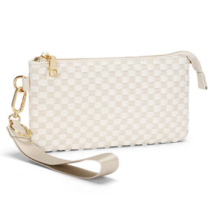 Nova Bolsa de Mão Feminina Moderna em Couro PU Trançado Xadrez Azul Marinho Vegano com Alça de Pulso - Product Image 4