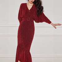 Robe décontractée rouge en crêpe à manches longues et col en V avec fente, sexy et élégante, pour femme, idéale comme cadeau de Noël pour la fête des Mères